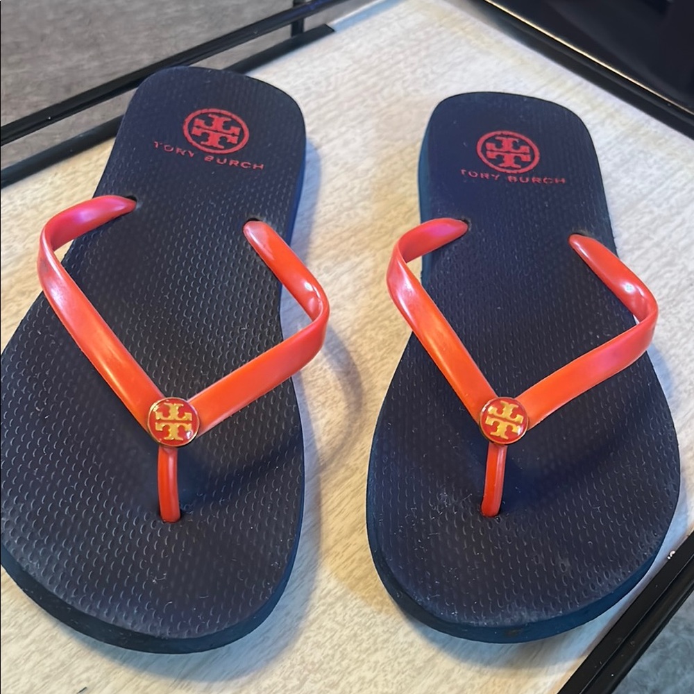 Tory Burch Red and Navy Blue Flip Flops